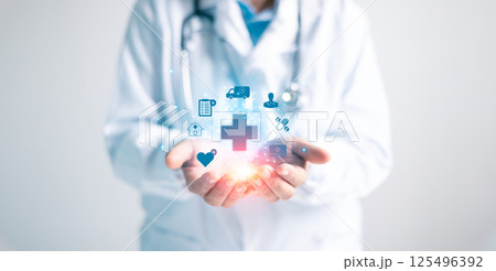 Health care management is business concept combines the expertise of doctors, medical services and insurance to provide comprehensive care, symbolized by hospital icon representing help and support. Health care management is business concept combines the expertise of doctors, medical services and insurance to provide comprehensive care, symbolized by hospital icon representing help and support. 125496392