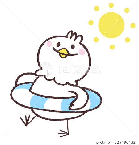 太陽を見上げる浮き輪姿の白い鳥のイラスト 125496432