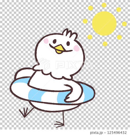 太陽を見上げる浮き輪姿の白い鳥のイラスト 125496432