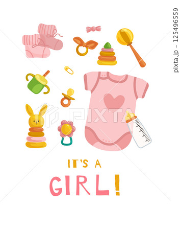 Set of illustrations with clothes and toys for a little girl with a drinking cup, rattle on a white background. Set of illustrations with clothes and toys for a little girl with a drinking cup, rattle on a white background. 125496559