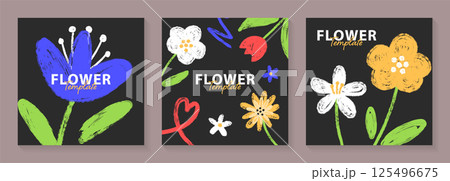 ラフなタッチのビビットカラーの花のイラストテンプレートセット2 ラフなタッチのビビットカラーの花のイラストテンプレートセット2 125496675