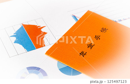 年金手帳とグラフ　年金制度　老後　人口ピラミッド　高齢化　マクロ経済スライド 125497123