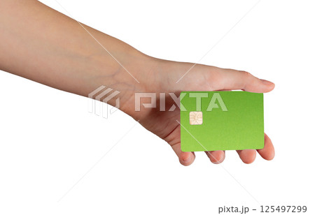 Card in female hand showing closeup. Smart bankcard with chip, elegant design for electronic payment Card in female hand showing closeup. Smart bankcard with chip, elegant design for electronic payment 125497299