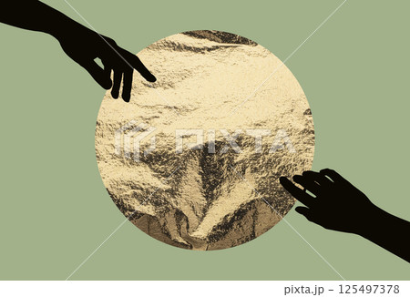 Hands reaching toward gold circle create a symbolic connection. Modern collage shows unity, success, Hands reaching toward gold circle create a symbolic connection. Modern collage shows unity, success, 125497378