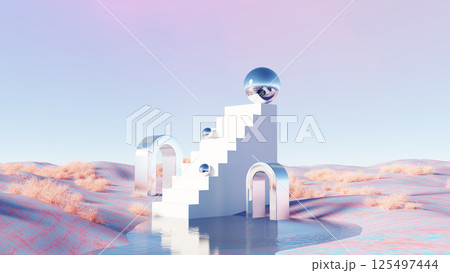 3D render, Futuristic surreal landscape desert with white staircase and chrome spheres 3D render, Futuristic surreal landscape desert with white staircase and chrome spheres 125497444