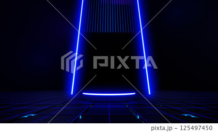 3d render, Abstract technology futuristic neon blue light stage in dark sci fi city background 125497450