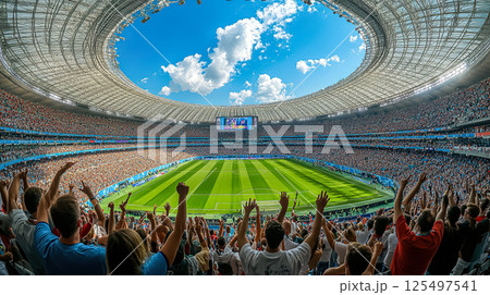 Stadium full of people cheering for a soccer game 125497541