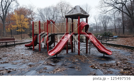 Playground with a red slide and a red swing set 125497556