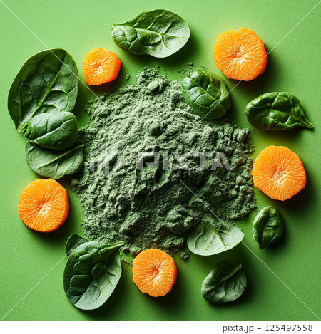 Pile of spinach and orange slices with a green powder in the middle 125497558