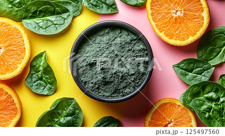 Bowl of green powder is surrounded by spinach and oranges 125497560