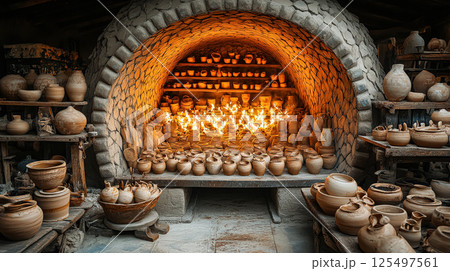 Large oven with many pots and vases inside 125497561