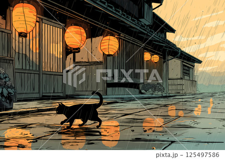 梅雨の街を歩く猫の水彩シルエットイラスト 125497586