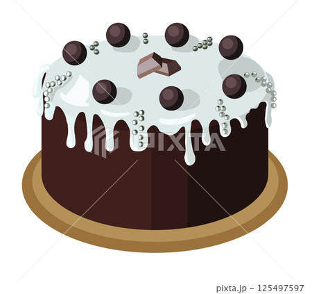 Beautiful chocolate cake decorated with white icing and chocolate confetti. Vector illustration isolated on white background. Beautiful chocolate cake decorated with white icing and chocolate confetti. Vector illustration isolated on white background. 125497597