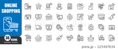 E-commerce and online shopping . Technology outline icon . Editable stroke . Vector . 125497634
