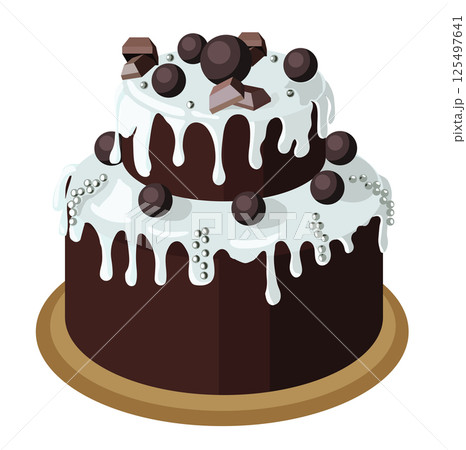 Beautiful chocolate cake decorated with white icing and chocolate confetti. Vector illustration isolated on white background. 125497641