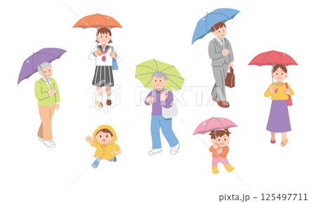 雨の日に傘をさして外出する人物イラストセット 125497711