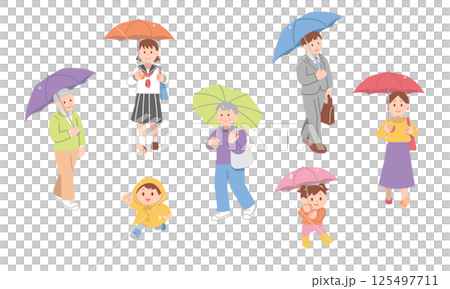 雨の日に傘をさして外出する人物イラストセット 125497711