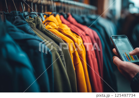 A retail worker using AI-powered inventory management system to optimize stock levels and prevent shortages in a busy store 125497734
