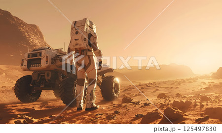 An astronaut in a spacesuit and helmet on the surface of Maras or another planet. AI Generated 125497830