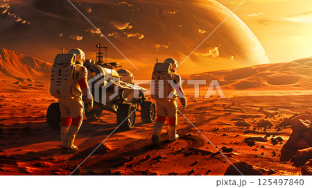 An astronaut in a spacesuit and helmet on the surface of Maras or another planet. AI Generated 125497840