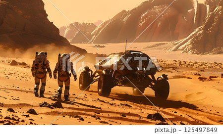 An astronaut in a spacesuit and helmet on the surface of Maras or another planet. AI Generated 125497849