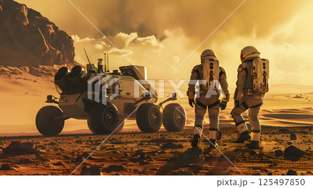 An astronaut in a spacesuit and helmet on the surface of Maras or another planet. AI Generated 125497850