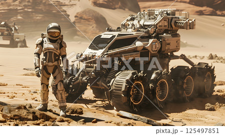 An astronaut in a spacesuit and helmet on the surface of Maras or another planet. AI Generated 125497851