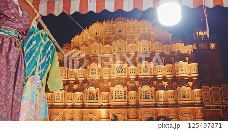 Hawa Mahal Palace In Night Illuminations. Palace Of Winds. Built From Red And Pink Sandstone, It Is On Edge Of City Palace, Jaipur. Maharaja Sawai Pratap Singh Built This Palace In 1799. Very Unique 125497871