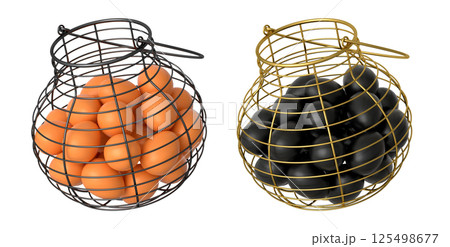 Wire baskets filled with eggs, isolated on white transparent background, concept of kitchen storage 125498677