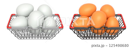Wire baskets filled with eggs, isolated on white transparent background, concept of kitchen storage 125498680