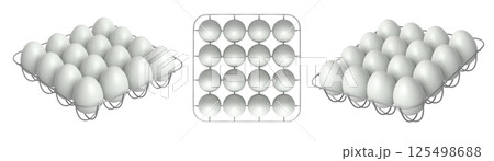 Metal trays filled with neatly stacked white eggs, isolated on white transparent background. 125498688