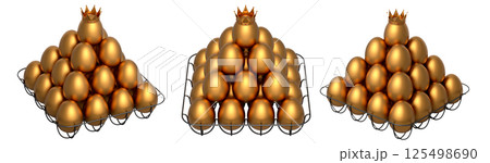 Metal trays filled with neatly stacked gold eggs, isolated on white transparent background. Metal trays filled with neatly stacked gold eggs, isolated on white transparent background. 125498690