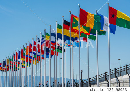 国際協力の象徴、大阪万博会場に集う世界の旗 国際協力の象徴、大阪万博会場に集う世界の旗 125498928