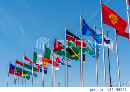 国際協力の象徴、大阪万博会場に集う世界の旗 125498931