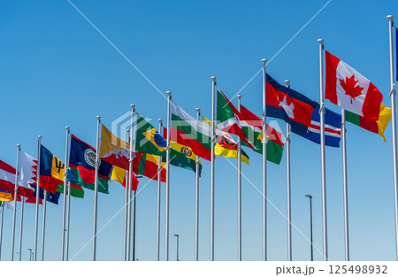 国際協力の象徴、大阪万博会場に集う世界の旗 125498932