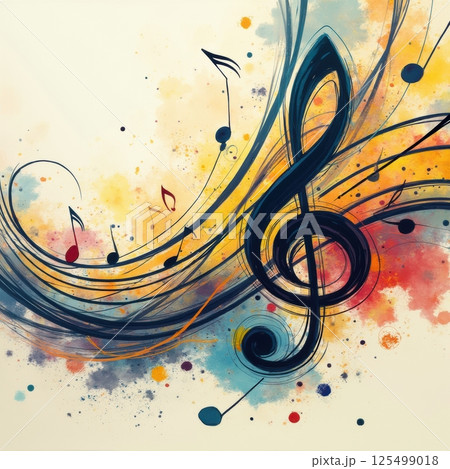 Abstract composition with musical notes, swirling lines, and colorful waves, symbolizing how music rhythm and emotion are translated into visual form. 125499018