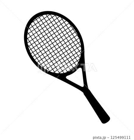 Tennis Racket Silhouette Vector Illustration. The racket is depicted at an angle, with detailed crisscrossed strings inside the oval head and a solid handle. 125499111