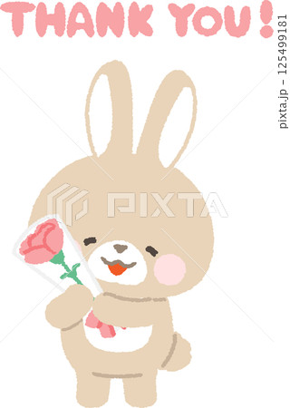 カーネーションの花束を持つ茶色ウサギ 125499181