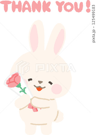カーネーションの花束を持つ白ウサギ 125499183