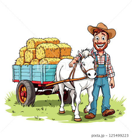 Vsai farmer walking with horse pulling cart loaded with hay bales 125499223