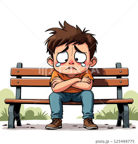 Vsai sad child crying alone on park bench 125499775