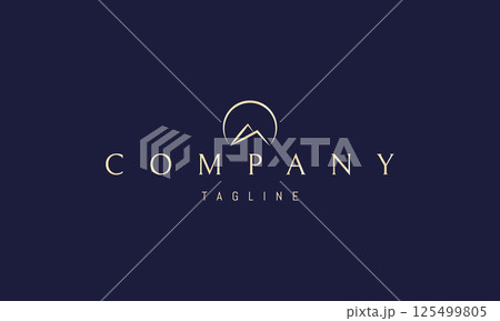 Vector golden logo with abstract image of mountains at sunrise in linear style. 125499805