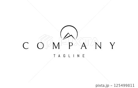 Vector logo with abstract image of mountains at sunrise in linear style. 125499811
