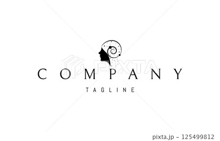 Vector logo with an abstract image of a girls head with the universe in her head. 125499812