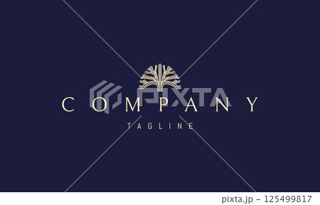 Vector golden logo with an abstract image of a brain in the form of a tree made of lines. 125499817