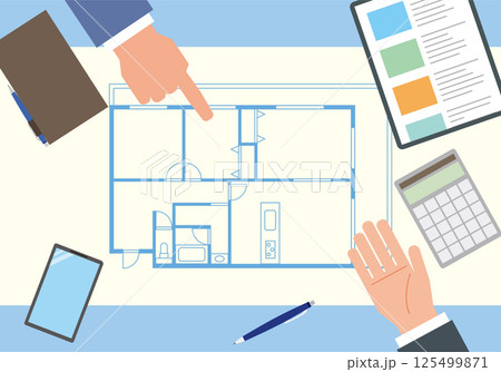 マンションの間取りと話し合う人々 マンションの間取りと話し合う人々 125499871