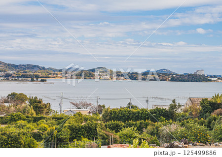 浜松市の三ヶ日の高台から見た三ヶ日の街並みと猪鼻湖の風景(静岡県) 125499886