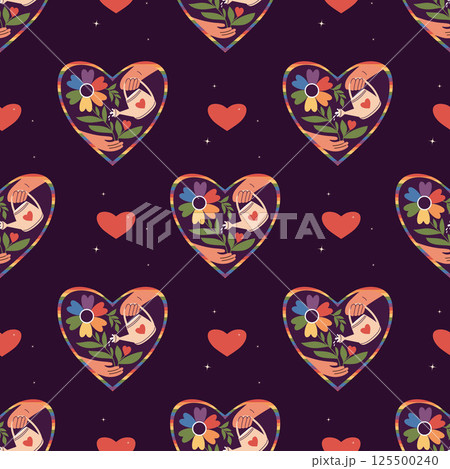 Pride Month Seamless Pattern. LGBT Rainbow Heart with Flower and hand with Garden Watering Can on dark Background. Symbol of LGBTQ pride community. Trendy Holiday backdrop. Vector illustration Pride Month Seamless Pattern. LGBT Rainbow Heart with Flower and hand with Garden Watering Can on dark Background. Symbol of LGBTQ pride community. Trendy Holiday backdrop. Vector illustration 125500240