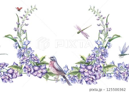 Seamless border with curved branches of delphinium and a bird. Isolated watercolor illustration of bouquets for design of packaging of cosmetic products, sweets, printing on clothes 125500362