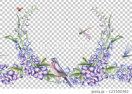 Seamless border with curved branches of delphinium and a bird. Isolated watercolor illustration of bouquets for design of packaging of cosmetic products, sweets, printing on clothes 125500362